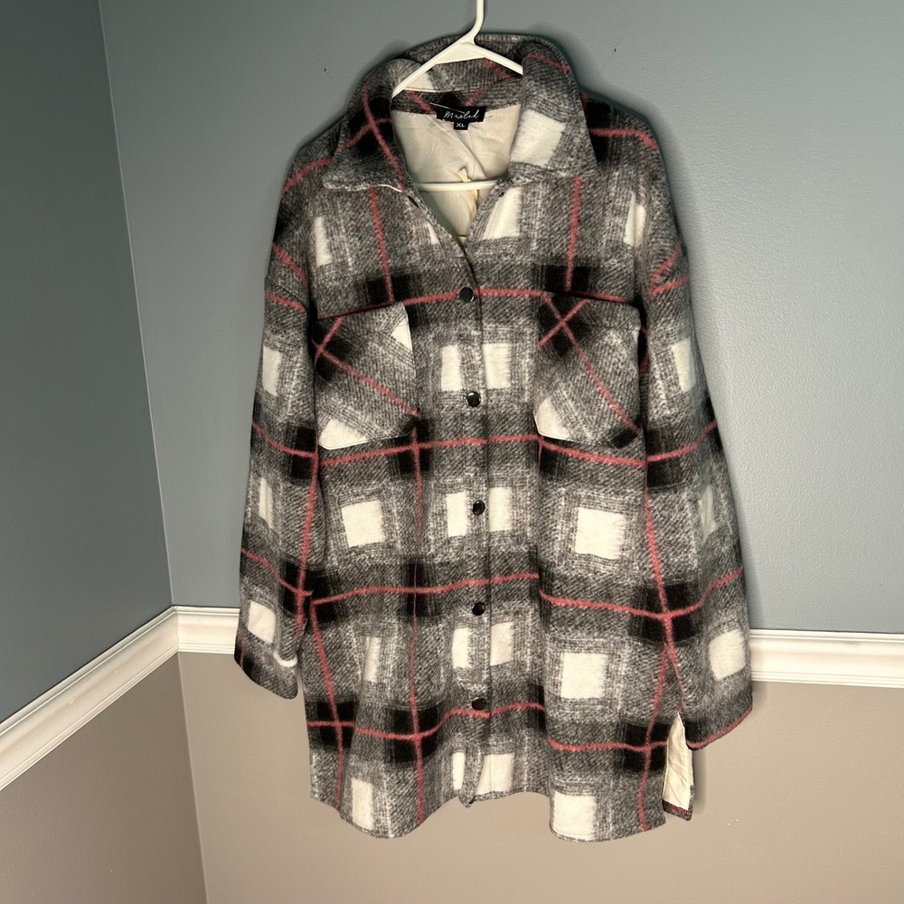 Marled Womens XL Plaid Longline Shirt Jacket Shacket Grey White Pink Button Up